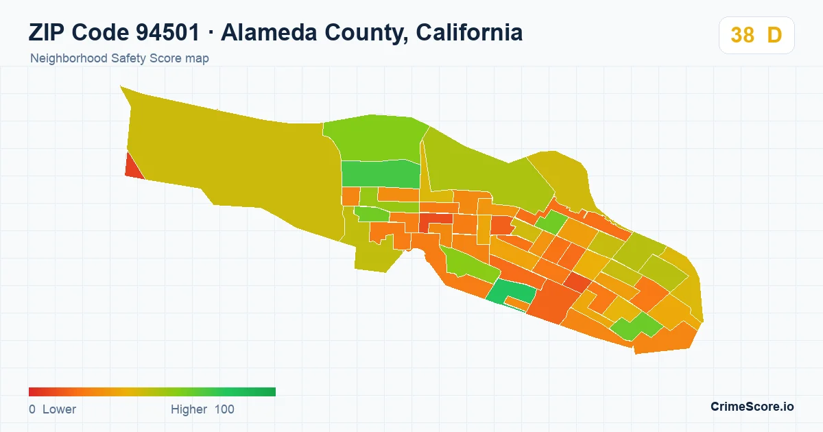 ZIP Code 94501 in Alameda County, California neighborhood Safety Score map