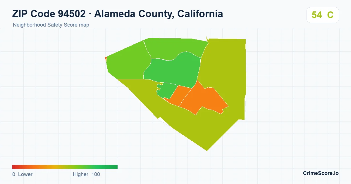 ZIP Code 94502 in Alameda County, California neighborhood Safety Score map
