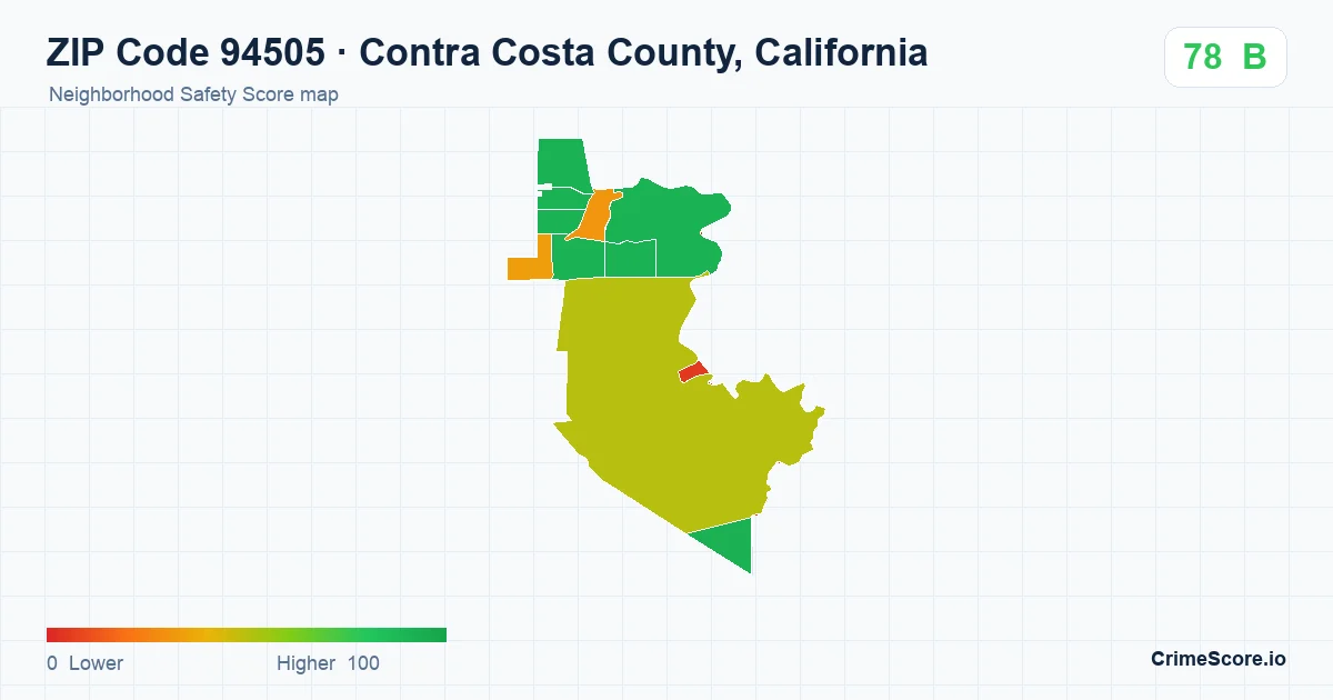 ZIP Code 94505 in Contra Costa County, California neighborhood Safety Score map