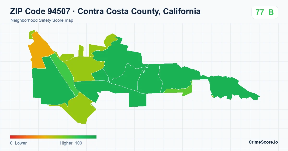 ZIP Code 94507 in Contra Costa County, California neighborhood Safety Score map