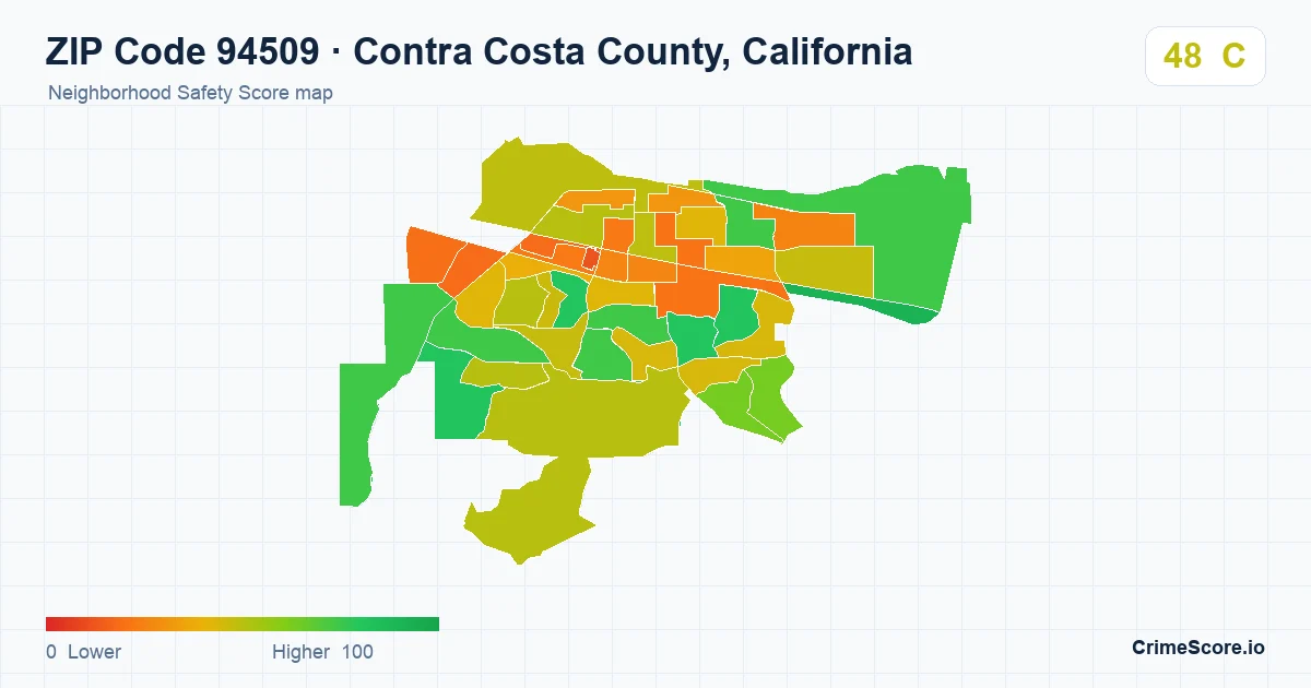 ZIP Code 94509 in Contra Costa County, California neighborhood Safety Score map