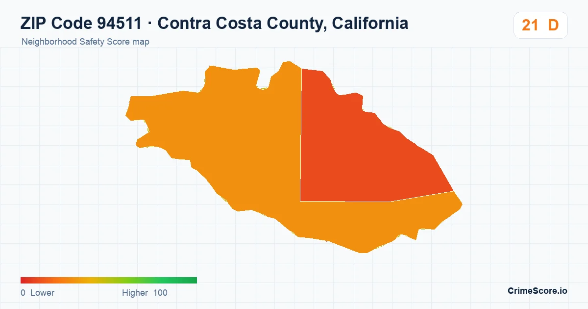 ZIP Code 94511 in Contra Costa County, California neighborhood Safety Score map