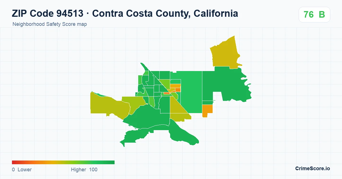 ZIP Code 94513 in Contra Costa County, California neighborhood Safety Score map