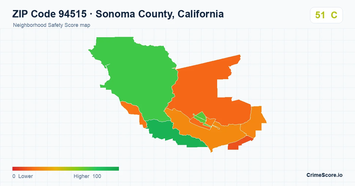 ZIP Code 94515 in Sonoma County, California neighborhood Safety Score map