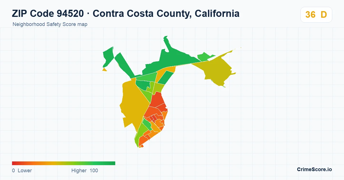 ZIP Code 94520 in Contra Costa County, California neighborhood Safety Score map