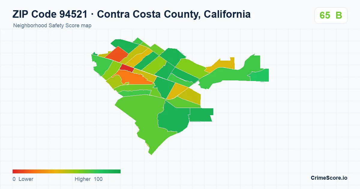 ZIP Code 94521 in Contra Costa County, California neighborhood Safety Score map