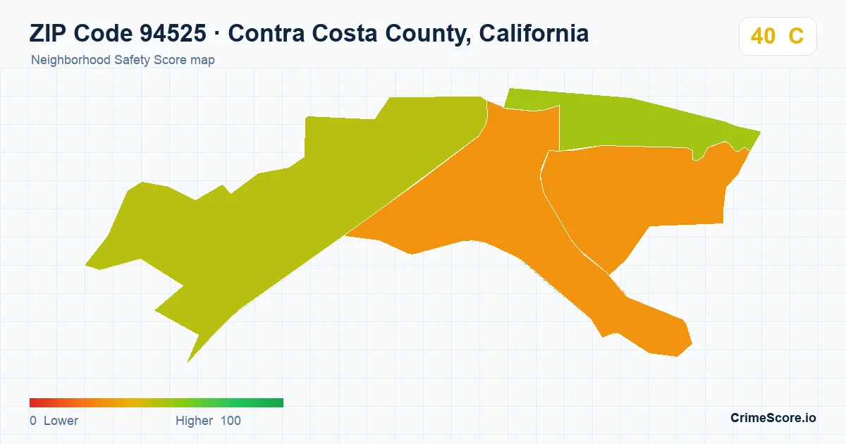 ZIP Code 94525 in Contra Costa County, California neighborhood Safety Score map