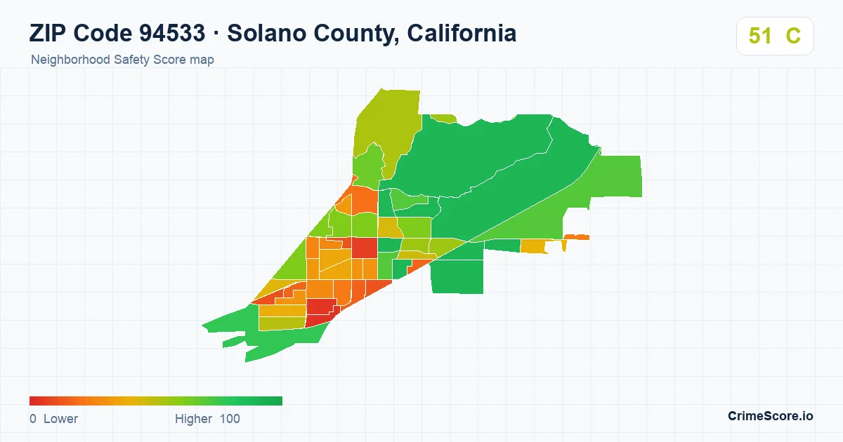ZIP Code 94533 in Solano County, California neighborhood Safety Score map
