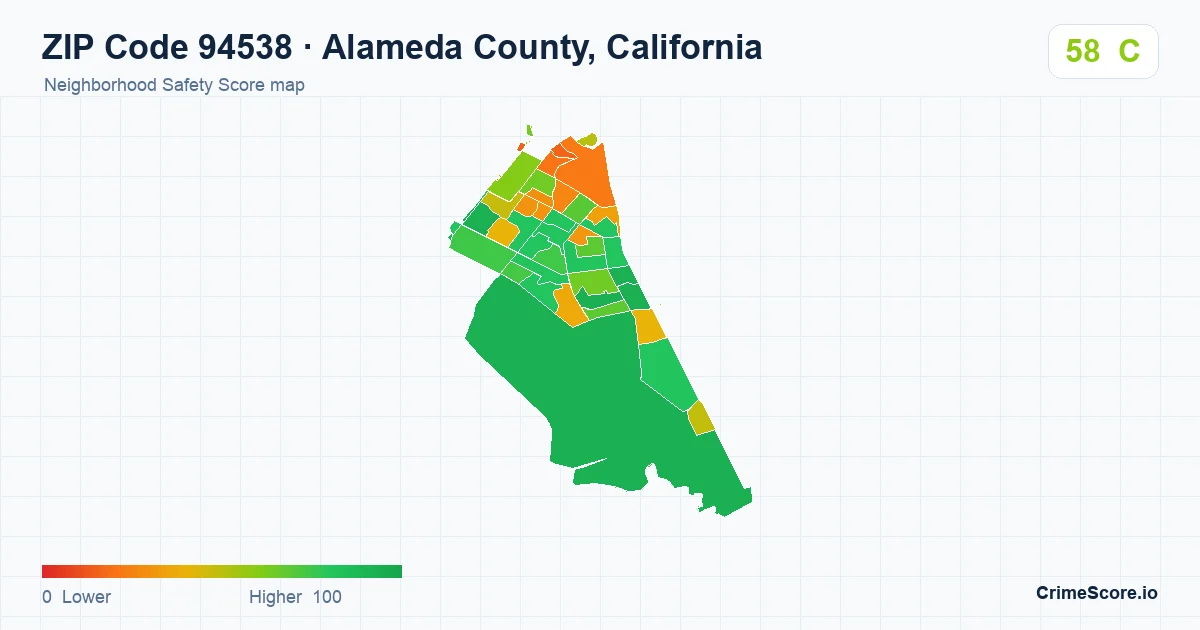 ZIP Code 94538 in Alameda County, California neighborhood Safety Score map