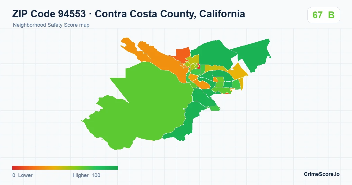 ZIP Code 94553 in Contra Costa County, California neighborhood Safety Score map
