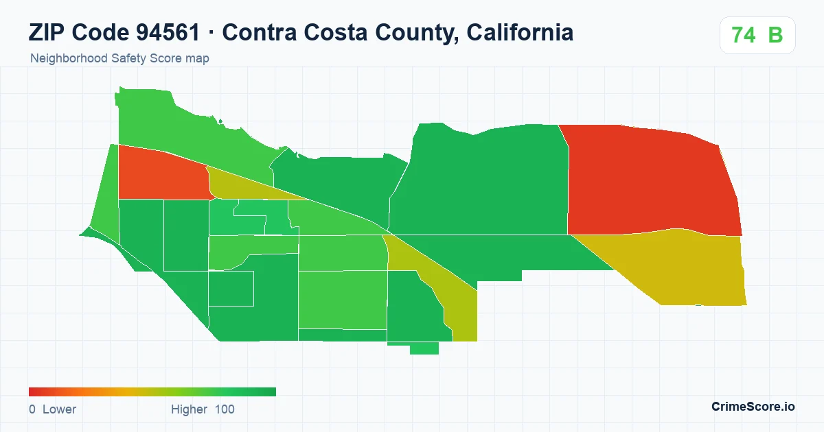ZIP Code 94561 in Contra Costa County, California neighborhood Safety Score map