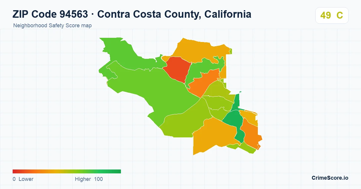 ZIP Code 94563 in Contra Costa County, California neighborhood Safety Score map