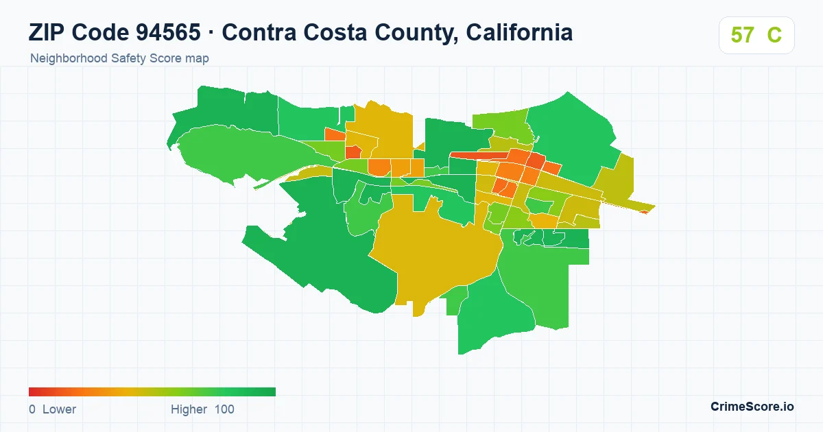 ZIP Code 94565 in Contra Costa County, California neighborhood Safety Score map