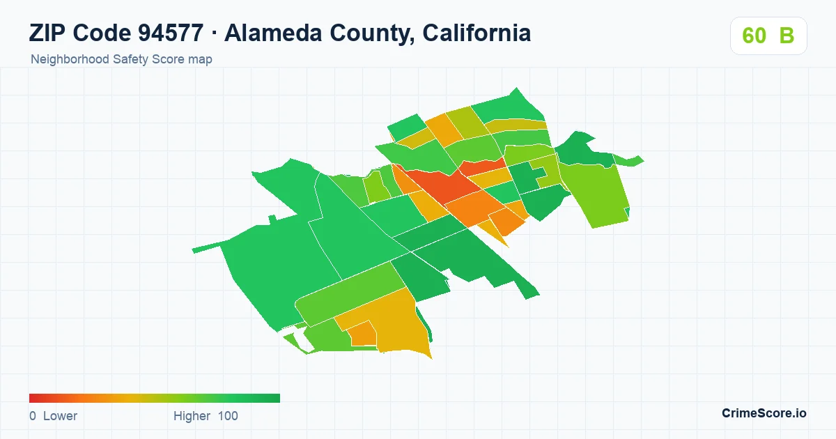 ZIP Code 94577 in Alameda County, California neighborhood Safety Score map
