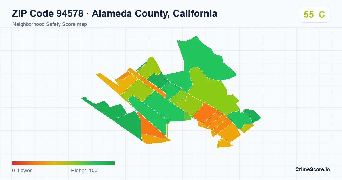 ZIP Code 94578 in Alameda County, California neighborhood Safety Score map