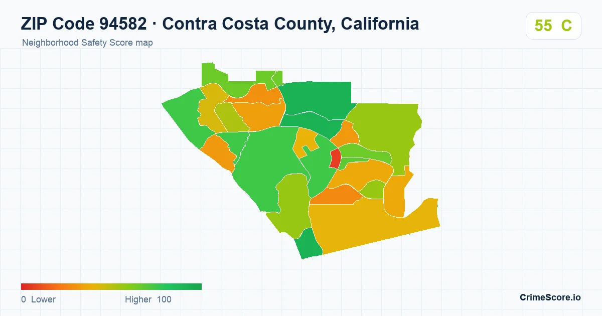 ZIP Code 94582 in Contra Costa County, California neighborhood Safety Score map