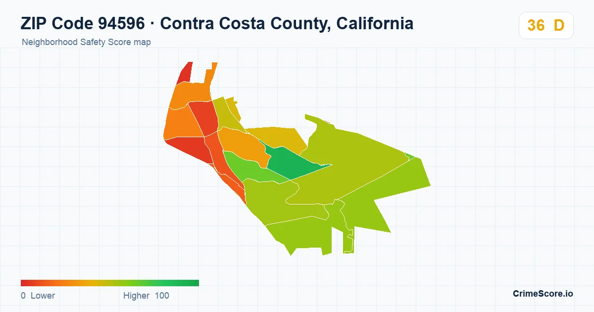ZIP Code 94596 in Contra Costa County, California neighborhood Safety Score map