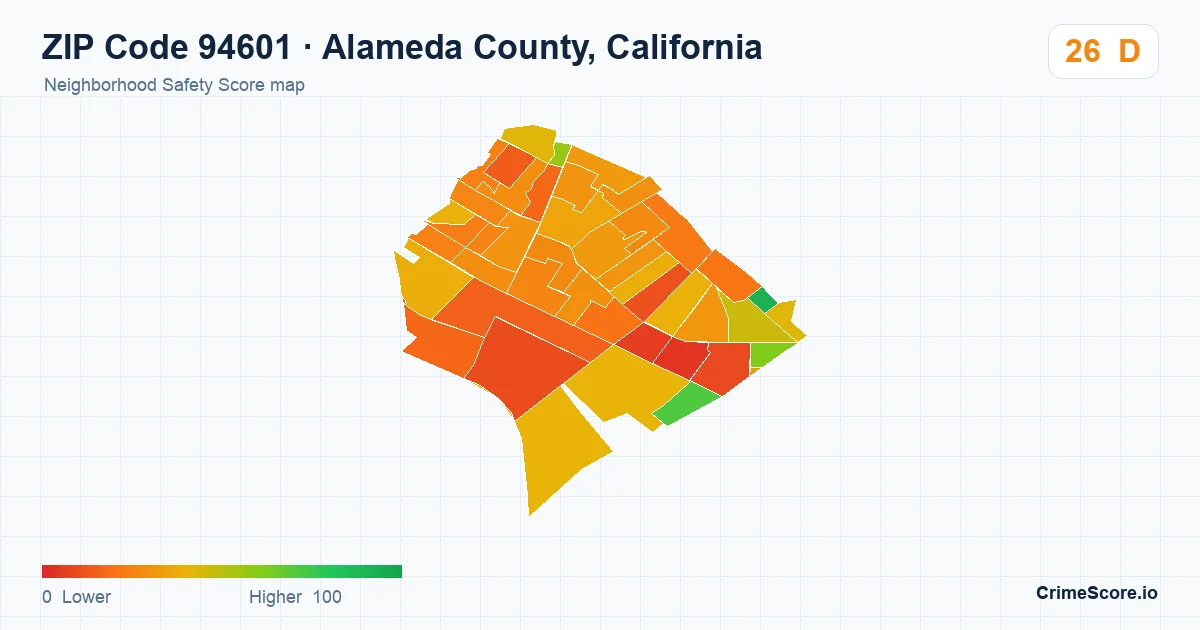 ZIP Code 94601 in Alameda County, California neighborhood Safety Score map