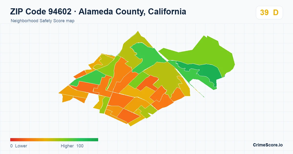 ZIP Code 94602 in Alameda County, California neighborhood Safety Score map