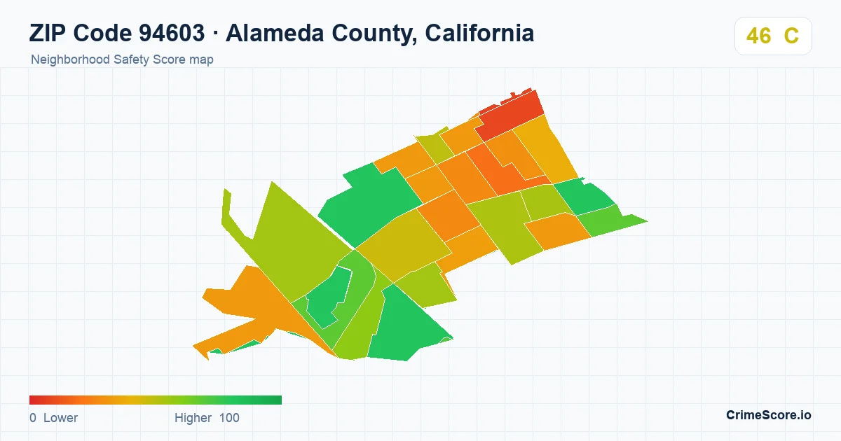 ZIP Code 94603 in Alameda County, California neighborhood Safety Score map