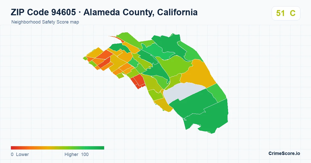 ZIP Code 94605 in Alameda County, California neighborhood Safety Score map