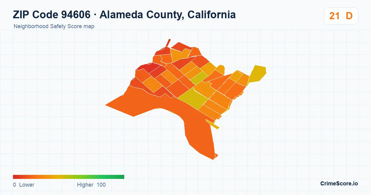 ZIP Code 94606 in Alameda County, California neighborhood Safety Score map