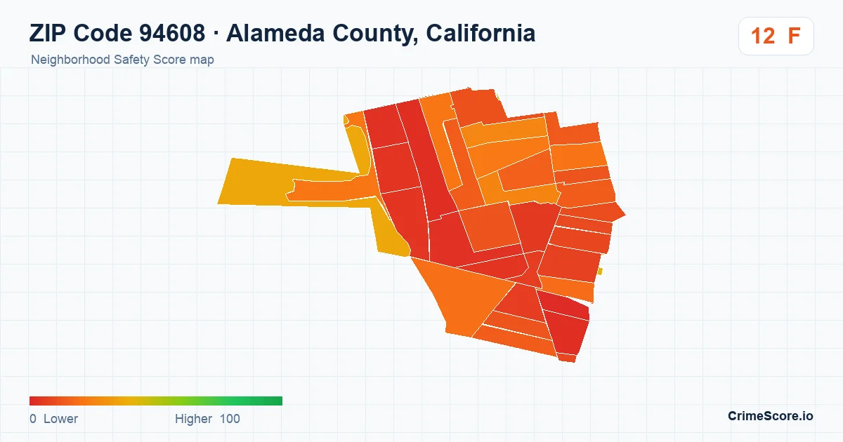 ZIP Code 94608 in Alameda County, California neighborhood Safety Score map