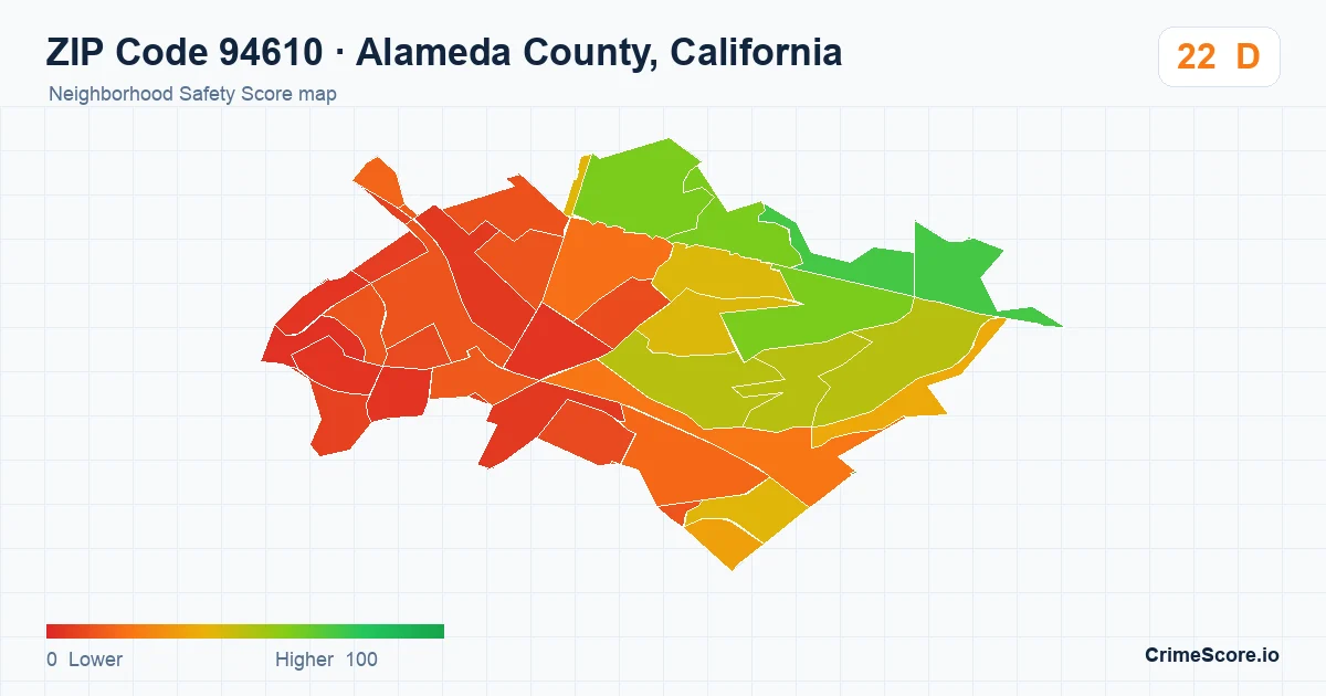 ZIP Code 94610 in Alameda County, California neighborhood Safety Score map