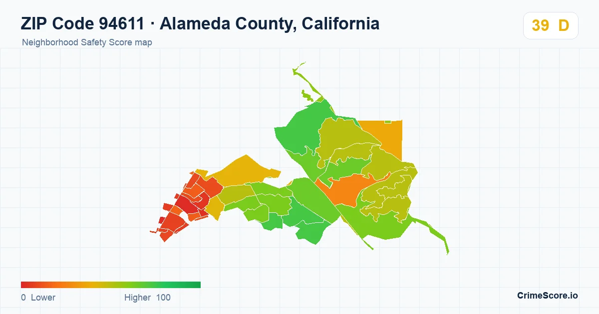 ZIP Code 94611 in Alameda County, California neighborhood Safety Score map