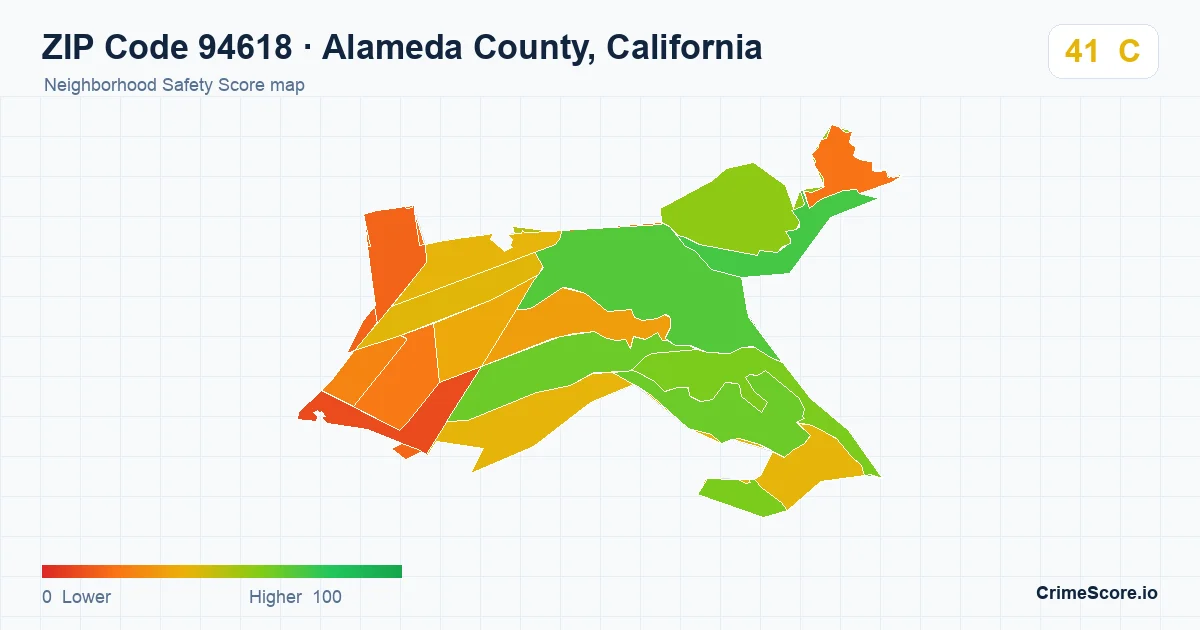 ZIP Code 94618 in Alameda County, California neighborhood Safety Score map