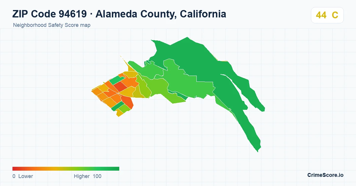 ZIP Code 94619 in Alameda County, California neighborhood Safety Score map