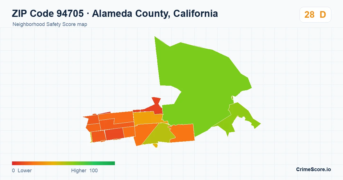 ZIP Code 94705 in Alameda County, California neighborhood Safety Score map