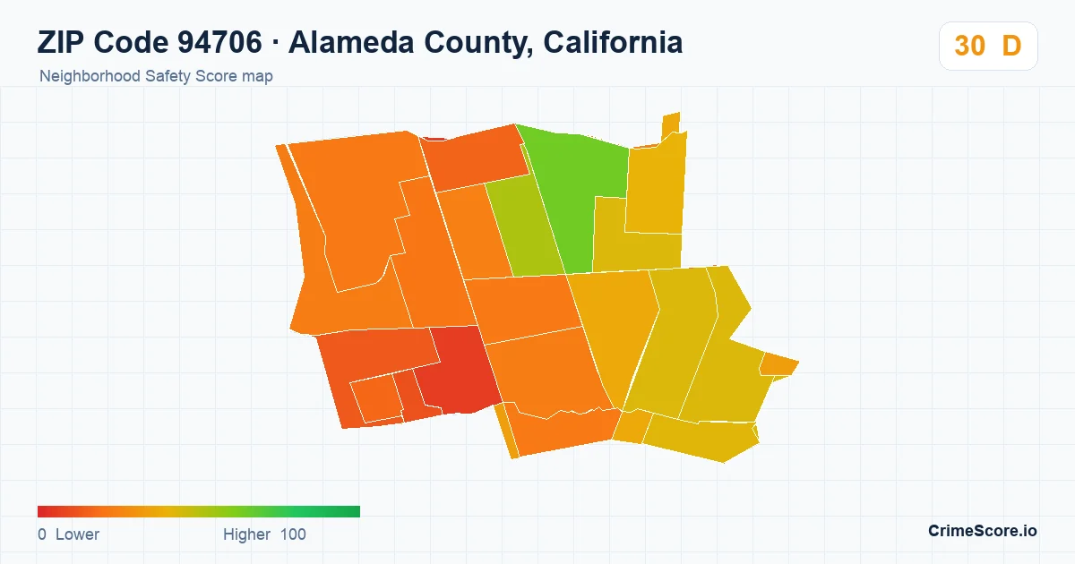 ZIP Code 94706 in Alameda County, California neighborhood Safety Score map