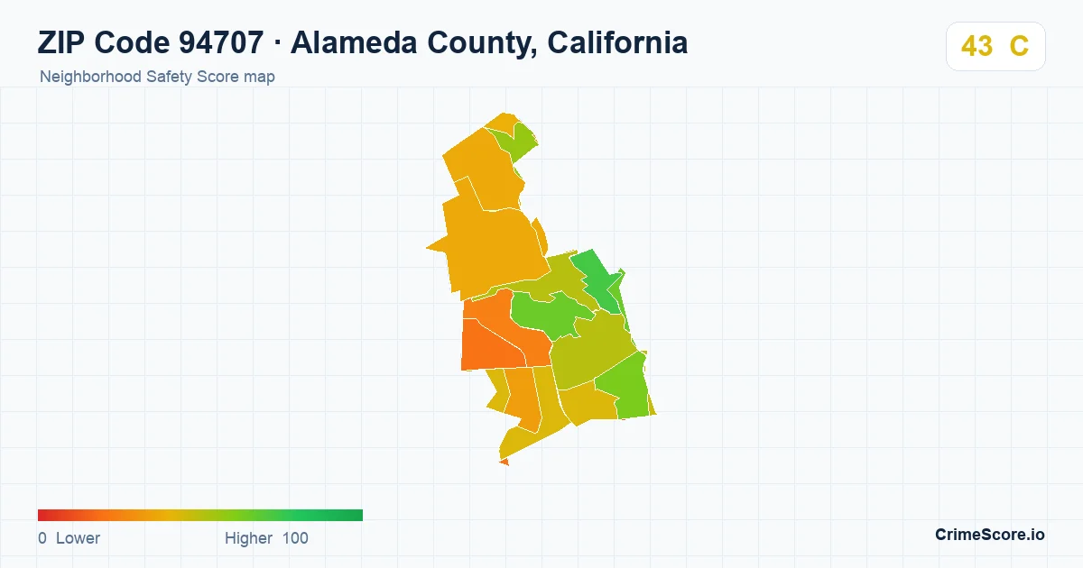 ZIP Code 94707 in Alameda County, California neighborhood Safety Score map