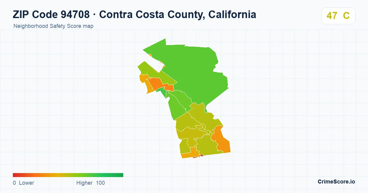 ZIP Code 94708 in Contra Costa County, California neighborhood Safety Score map