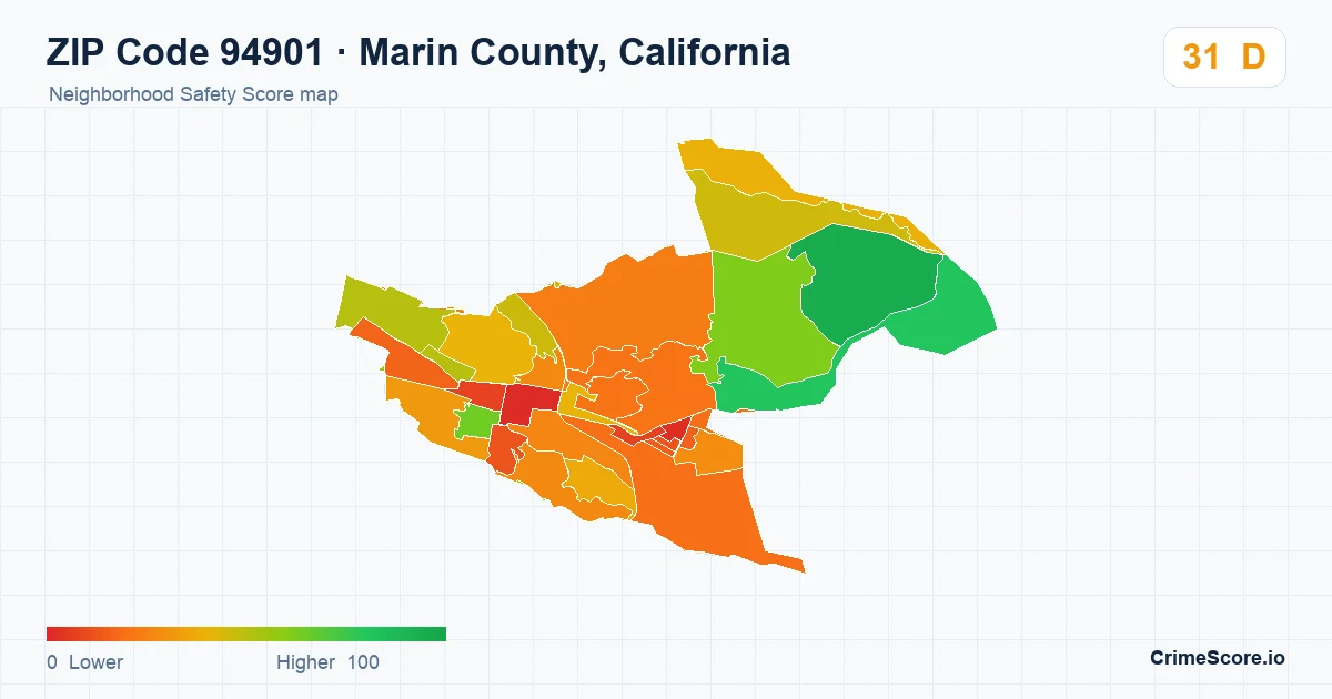 ZIP Code 94901 in Marin County, California neighborhood Safety Score map