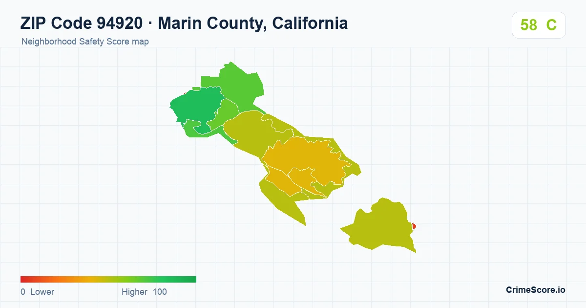 ZIP Code 94920 in Marin County, California neighborhood Safety Score map