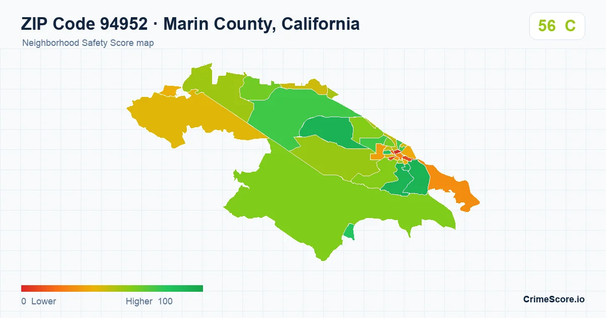 ZIP Code 94952 in Marin County, California neighborhood Safety Score map