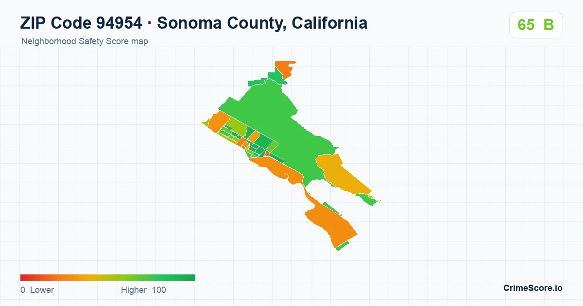 ZIP Code 94954 in Sonoma County, California neighborhood Safety Score map