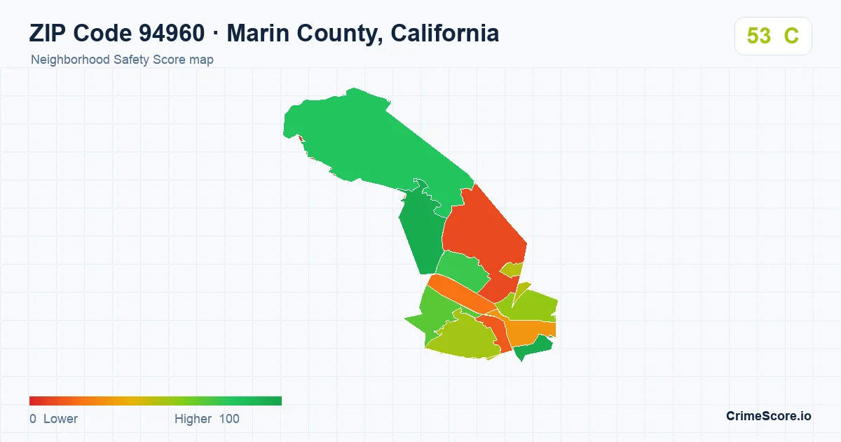 ZIP Code 94960 in Marin County, California neighborhood Safety Score map