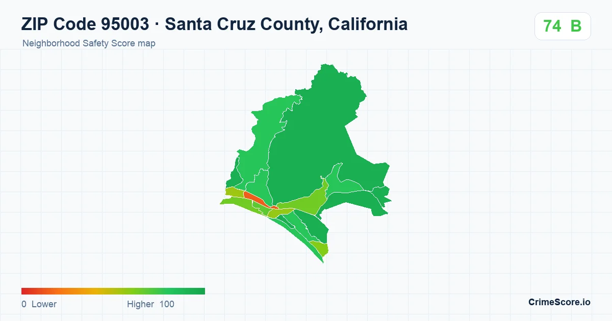 ZIP Code 95003 in Santa Cruz County, California neighborhood Safety Score map