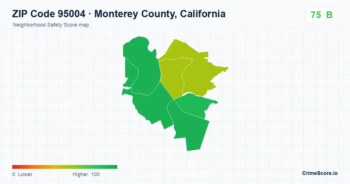 ZIP Code 95004 in Monterey County, California neighborhood Safety Score map