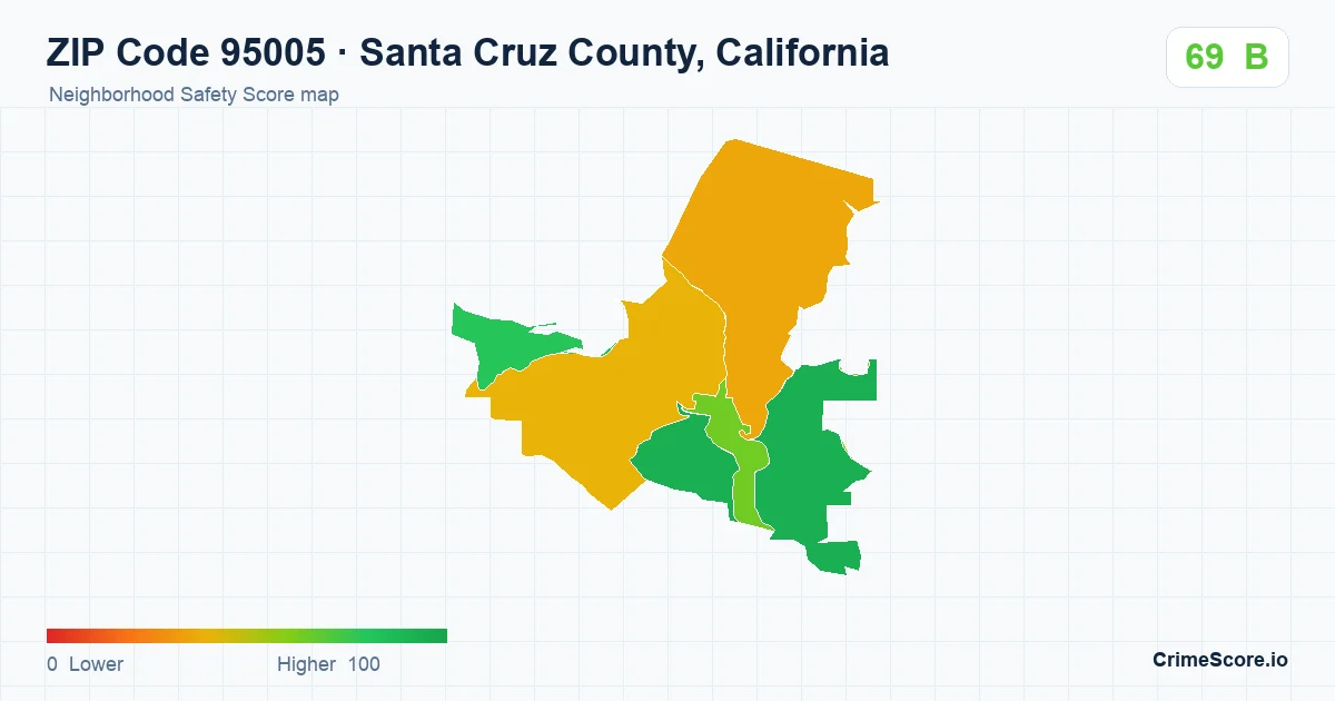 ZIP Code 95005 in Santa Cruz County, California neighborhood Safety Score map