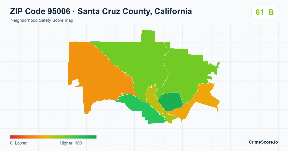 ZIP Code 95006 in Santa Cruz County, California neighborhood Safety Score map