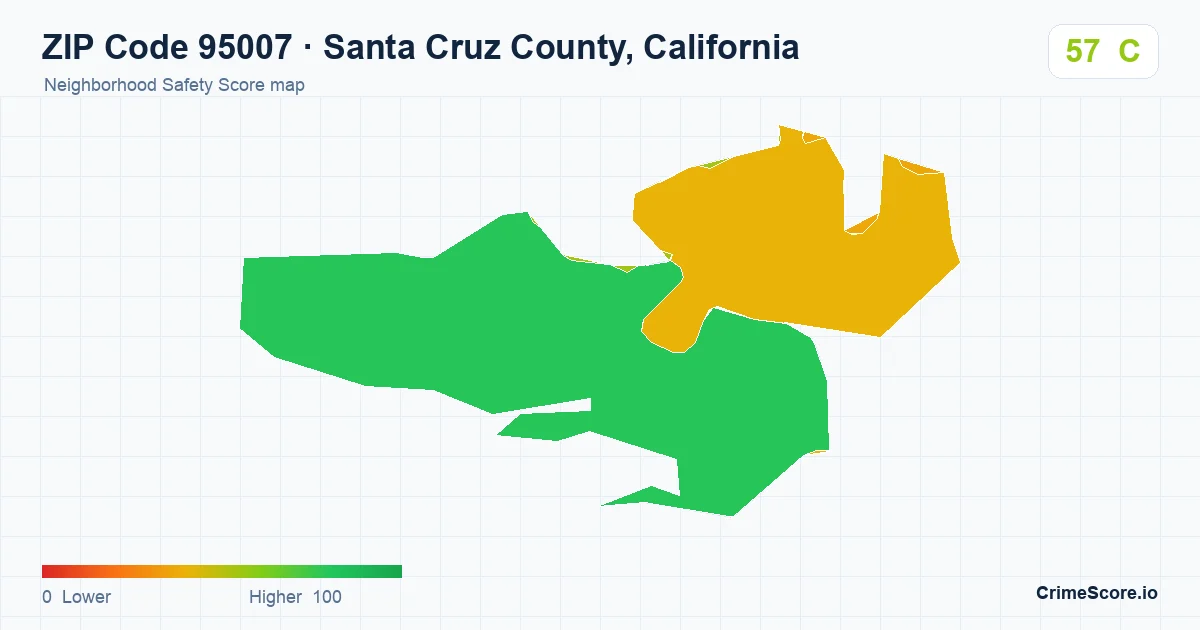 ZIP Code 95007 in Santa Cruz County, California neighborhood Safety Score map