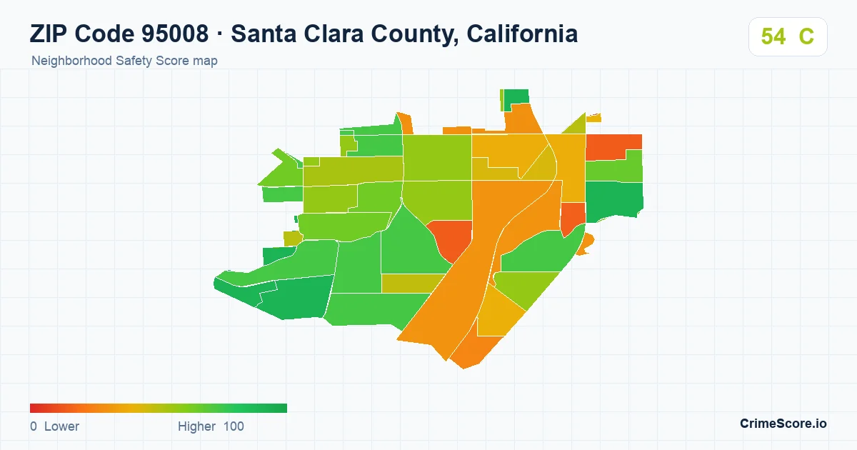 ZIP Code 95008 in Santa Clara County, California neighborhood Safety Score map