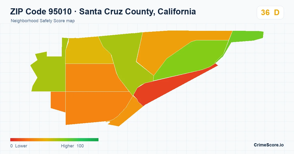 ZIP Code 95010 in Santa Cruz County, California neighborhood Safety Score map