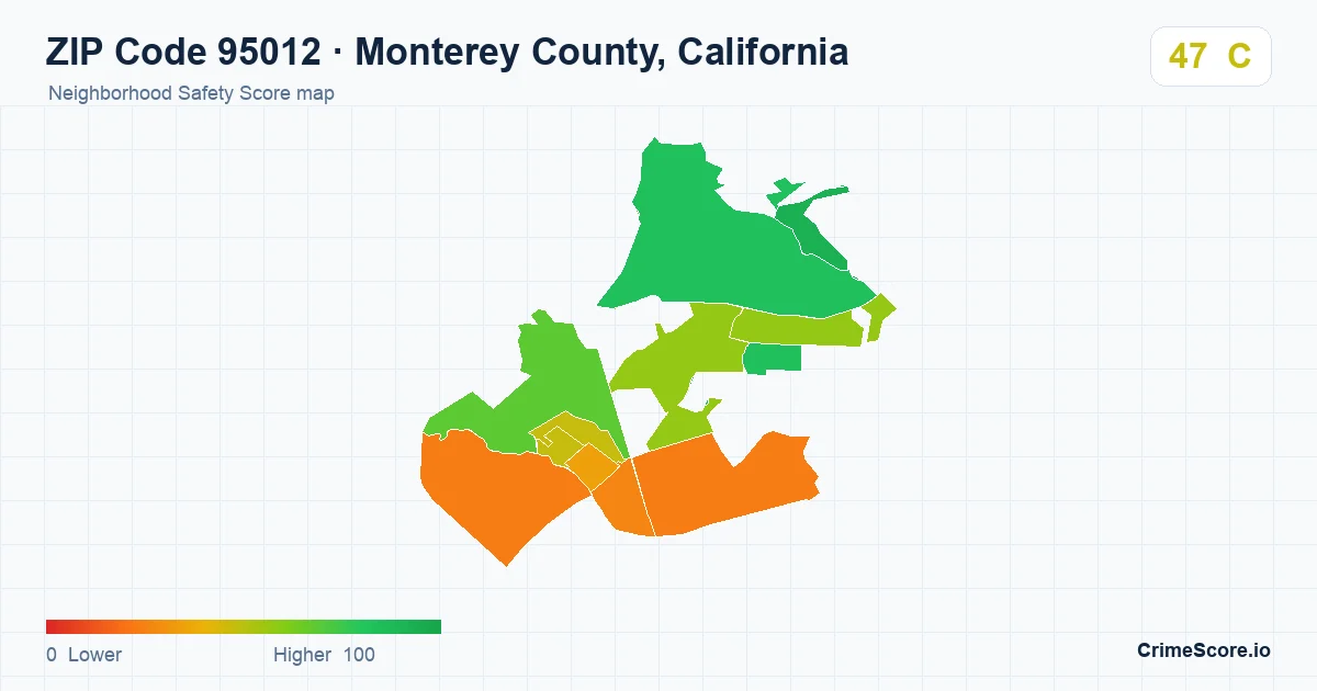 ZIP Code 95012 in Monterey County, California neighborhood Safety Score map