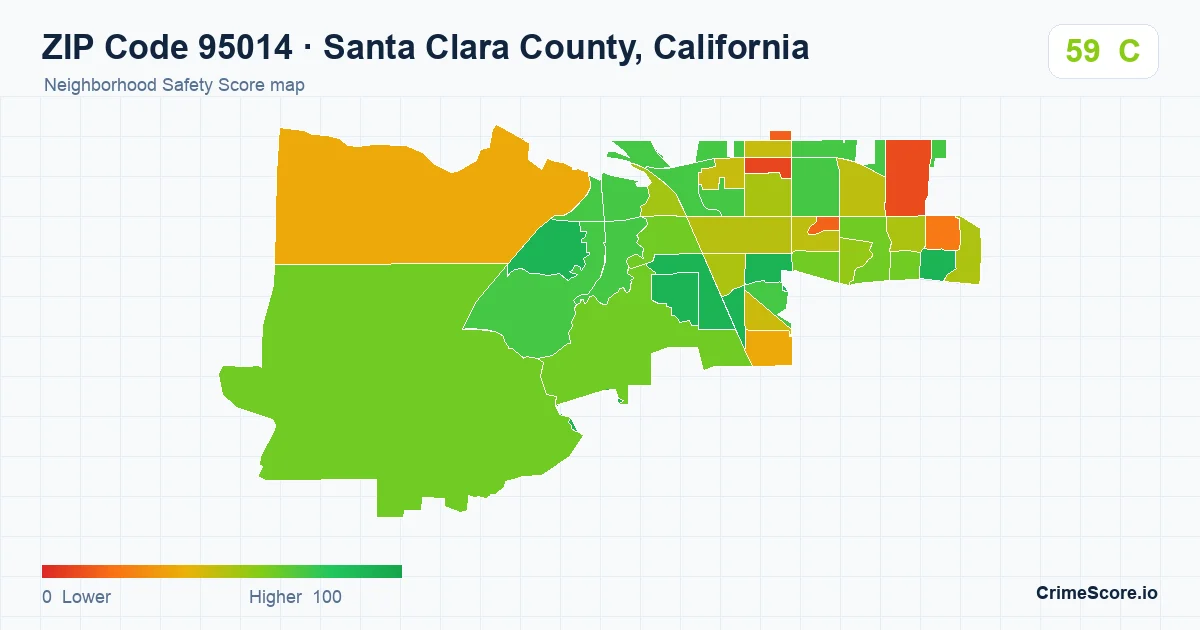 ZIP Code 95014 in Santa Clara County, California neighborhood Safety Score map