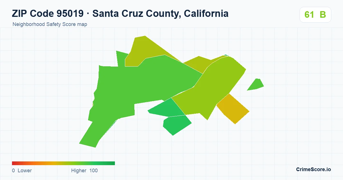ZIP Code 95019 in Santa Cruz County, California neighborhood Safety Score map